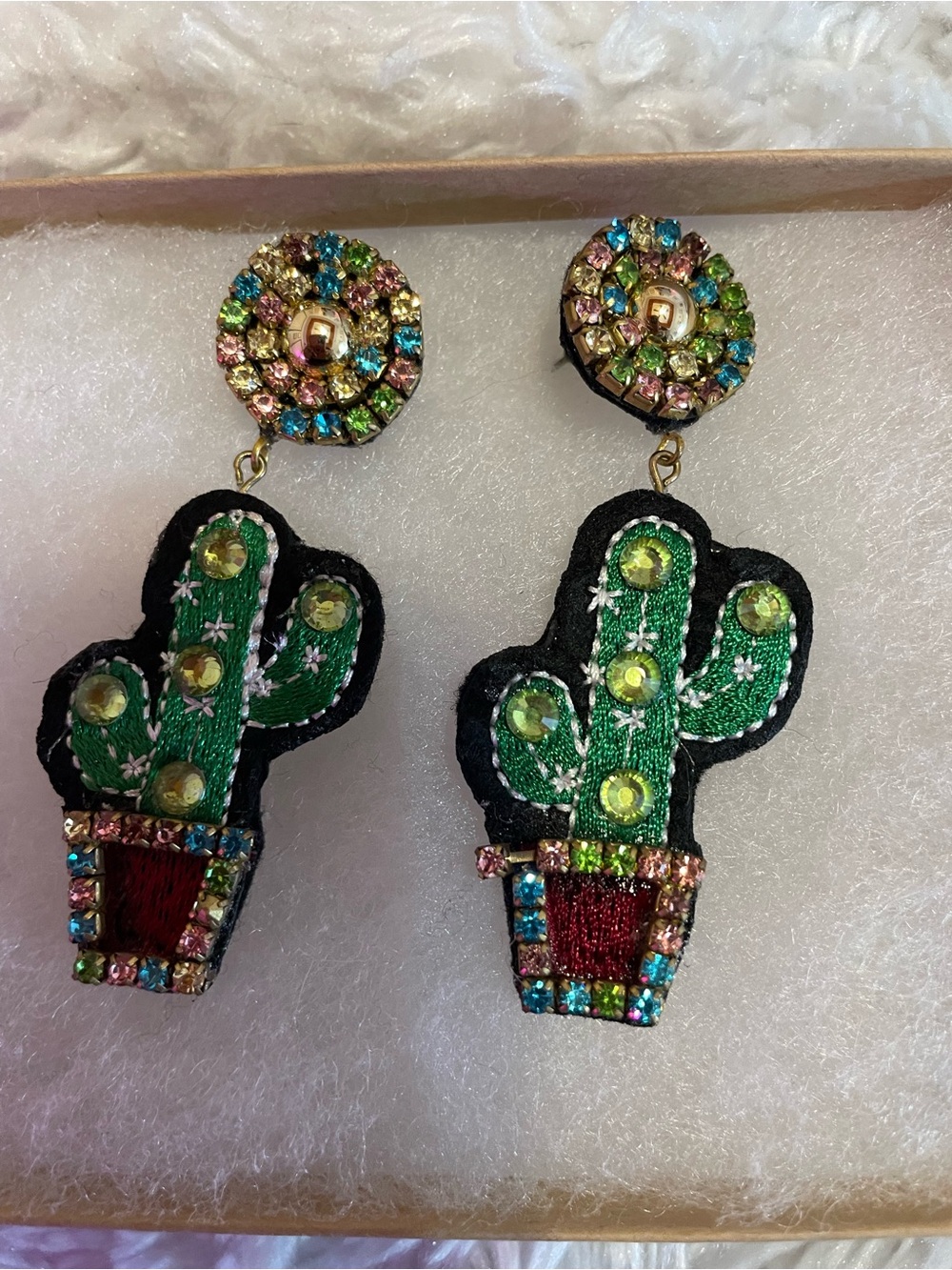 Green Cactus Drop Earrings with Multicolor Crystal Studs